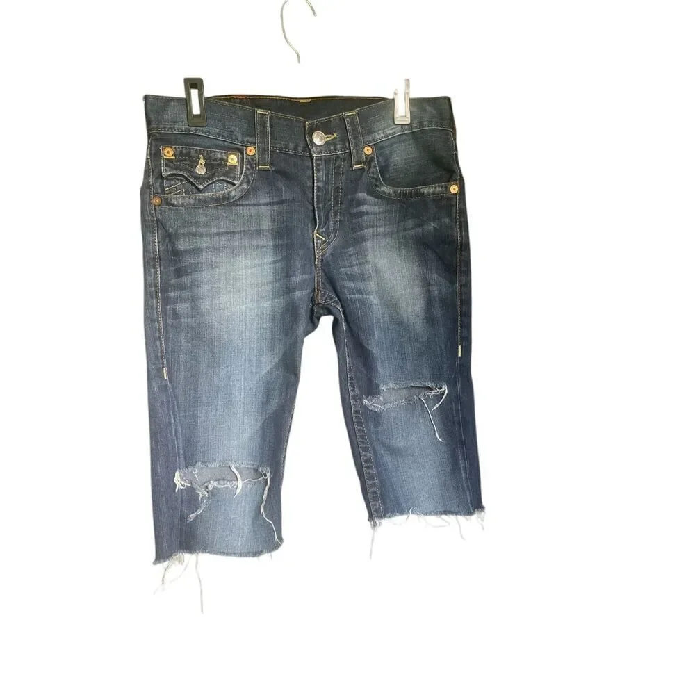 True Religion World Tour Distressed Denim Cut off Shorts Size 31